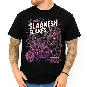 Funny Warhammer 40K Chaos Slaanesh Flakes Cereal Parody T-Shirt - 'Excess Beyond Measure' Graphic Tee Featuring Emperor's Children Noise Marine - Epic Gag Gift for Tabletop Gamers
