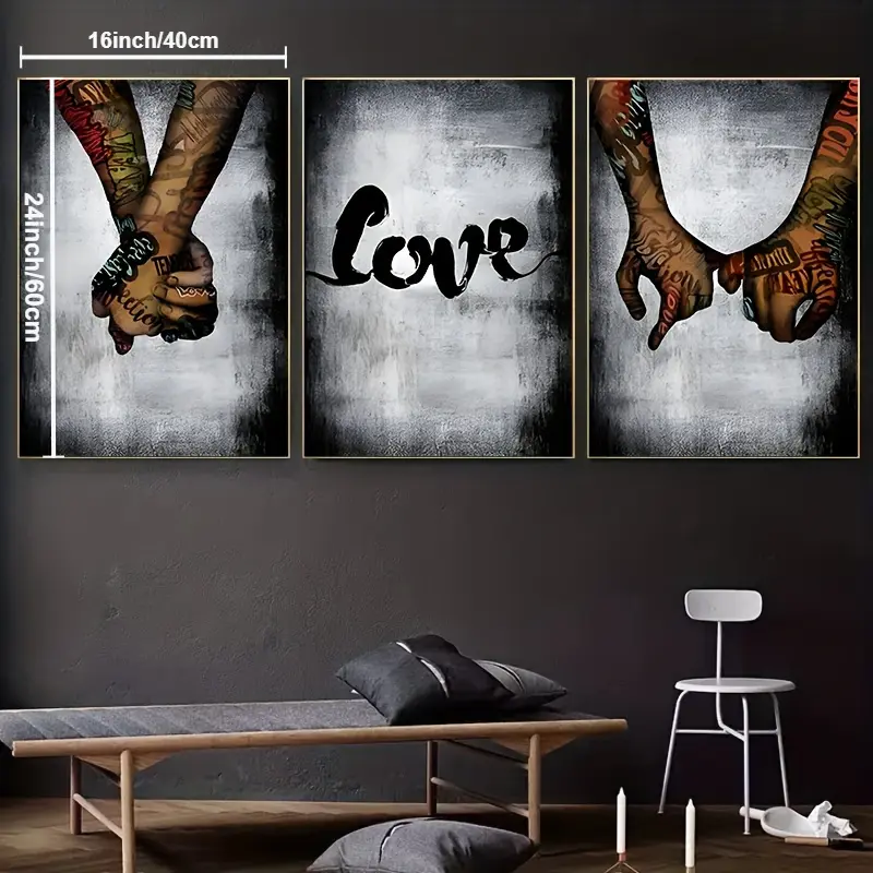 3-Piece Hand-in-Hand Love Artistic Canvas Wall Art Prints, Hanging Wrapped Canvas Decoration for Living Room, Modern Home Decor Gift