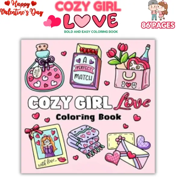 Halloween Fall Gift LOVE Cozy Girl Love Coloring Book – Simple Valentine's Day Designs for Adults & Teens, Cute Romance Illustrations with Thick Lines
