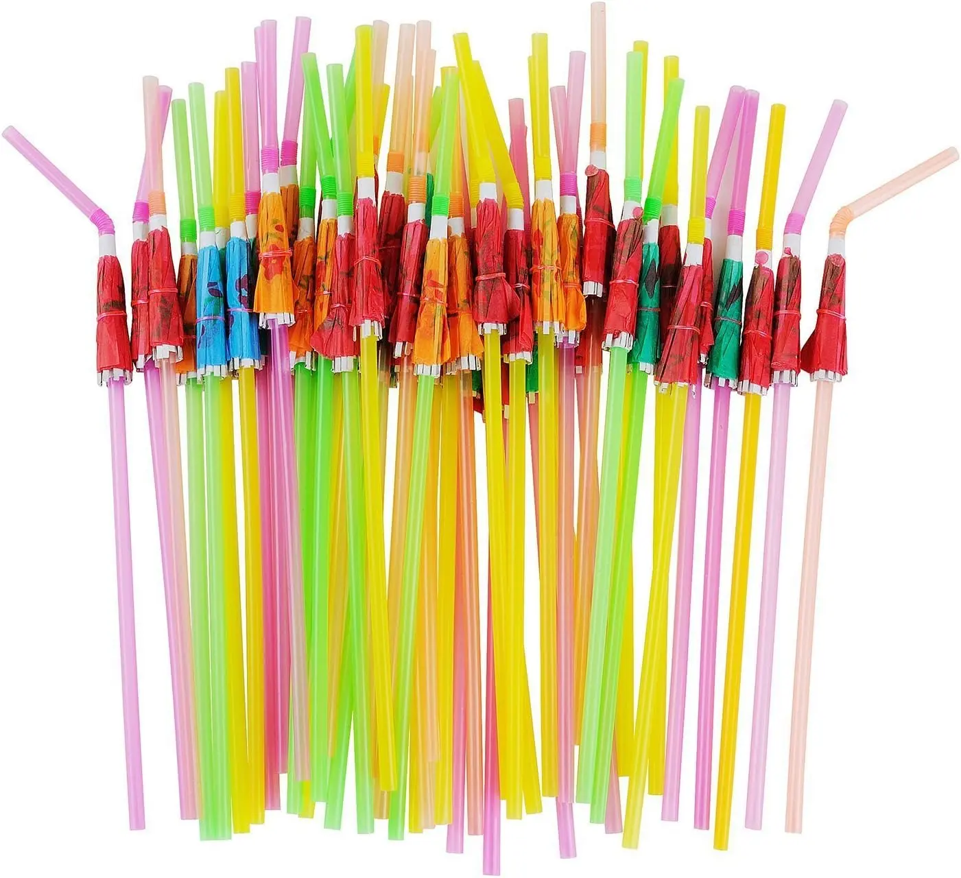 50 Pcs Thick Plastic Easy-to-Use 5x24cm Bendable Parasol Top Umbrella Drinking Straws - Bar Utensils for Hawaiian Beach Cocktail Party Supplies
