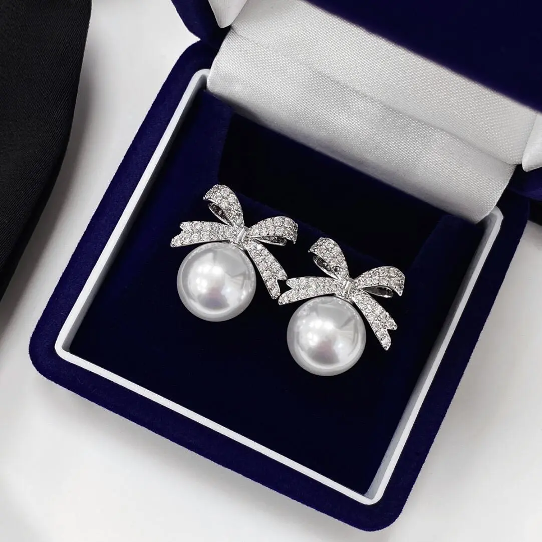 Full Diamond Bow Pearl Earrings Premium  Needle Earrings