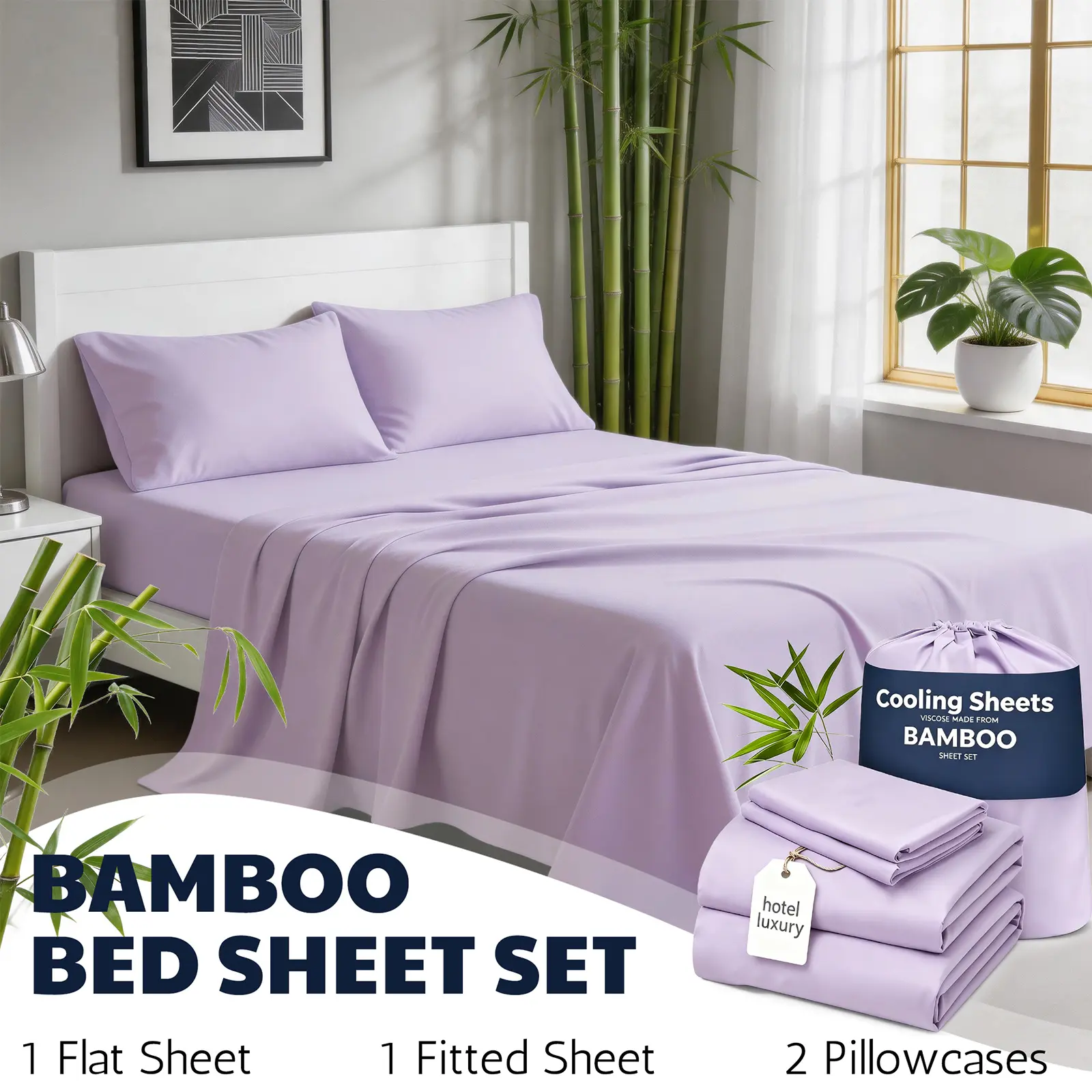 4pcs Cooling Bamboo Fiber Sheet Set - 16-Inch Extra-Deep Pocket Sheets - Luxuriously Soft, Hotel-Style Cooling Bedding - Ideal for Hot Sleepers Wrinkle- And Shrink-Resistant Twin, Full, Queen, And King Sizes