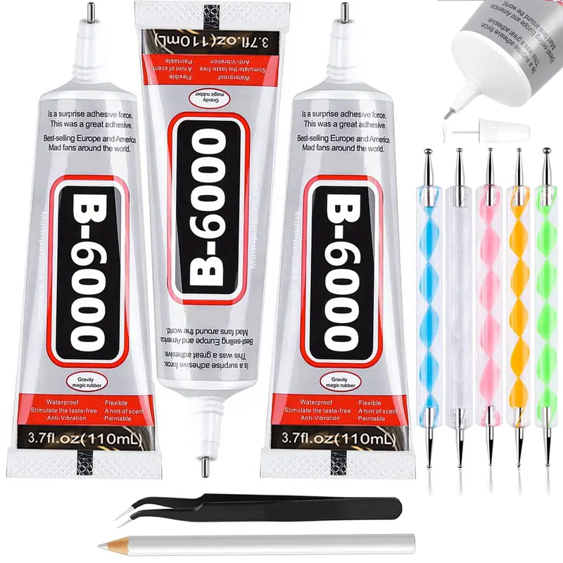 3PCS 110ml/3.7 Fl Oz Multi-Purpose B6000 Adhesive, Clear Crafting Glue with Precision Dotting Pens, Wax Pencil & Tweezer Kit for Jewelry, DIY Projects & Art Creation