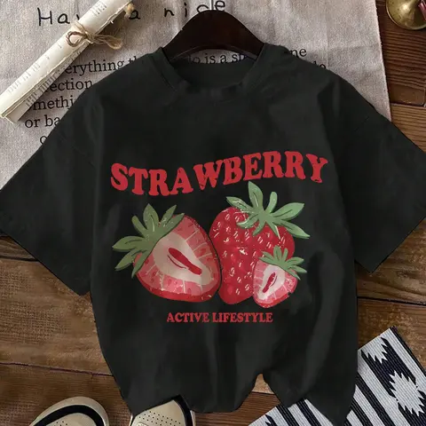 Women's Strawberry & Letter Print Round Neck Tee Top, Fashion Casual Breathable Crew Neck T-Shirt for Daily Holiday Vacation Outdoor Wear, Ladies Clothes for Summer Womenswear