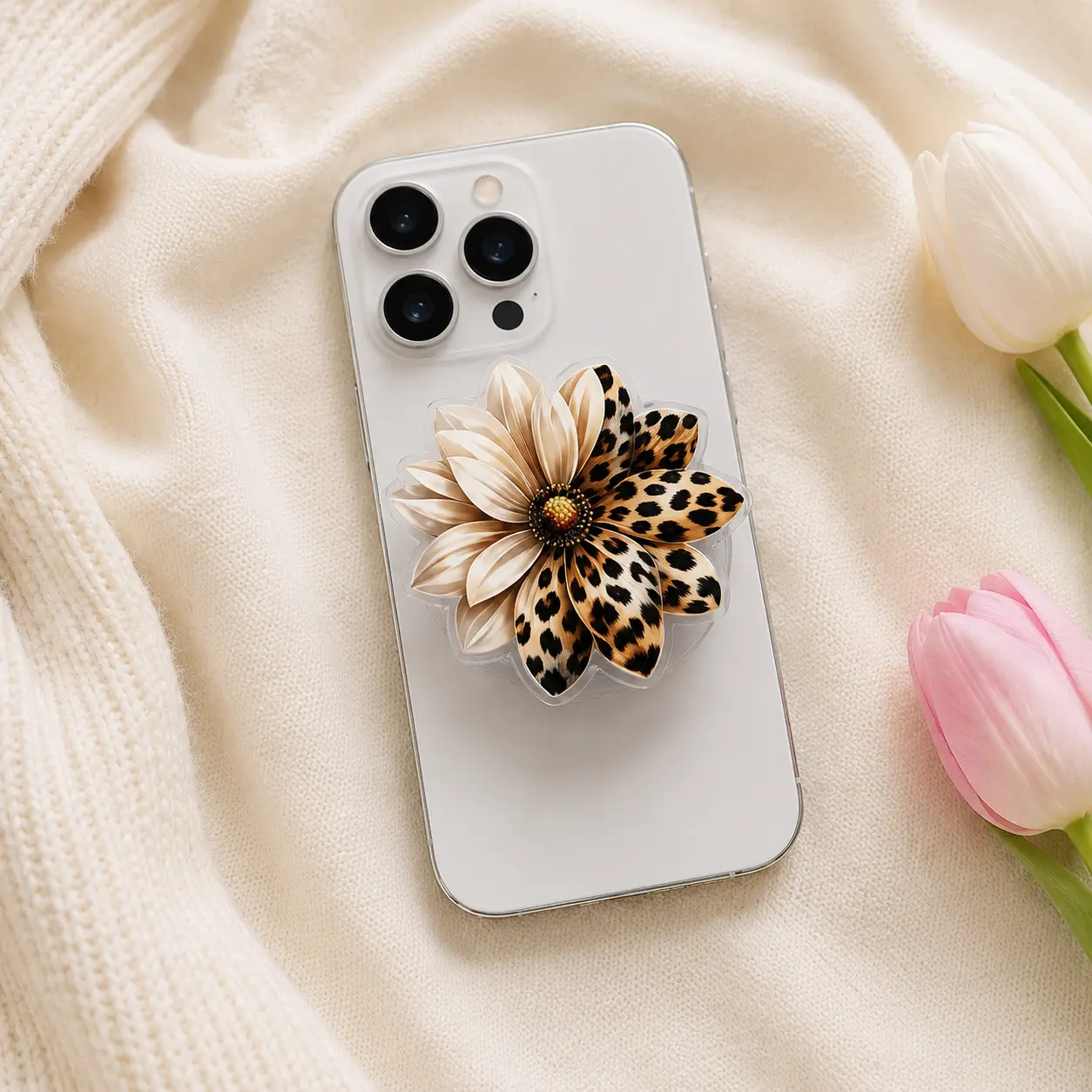 Leopard Sunflower MagSafe Phone Grip – Boho Floral Magnetic Phone Holder & Kickstand – Western Chic Phone Accessory for Her