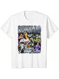 Cronaldo Real Madrid Short Sleeve Tee, El Bicho Classic Patchwork Unisex Fanwear, Soft Fabric Casual Fit, All-Season Wear
