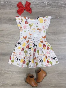 SYDNEY SO SWEET Barnyard Bash Girls Tiered Twirl Dress with Farm Animal Print Cotton Blend Fabric for Preschool Festivals & Birthday Parties