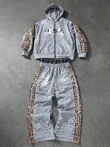 Men's Casual Hoodie Sweatsuit Set, Leopard Print Hoodie & Pants, Elastic Waist, Functional Side Pockets, Y2K Style, Perfect Gift for Him