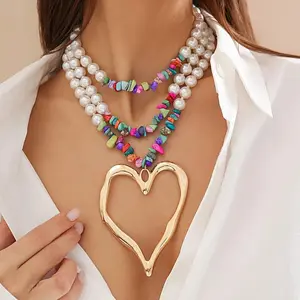 Multi-Layer Faux Pearl & Turquoise Heart Pendant Necklace - Boho-Chic, Perfect for Vacation & Parties, Valentine's Gift