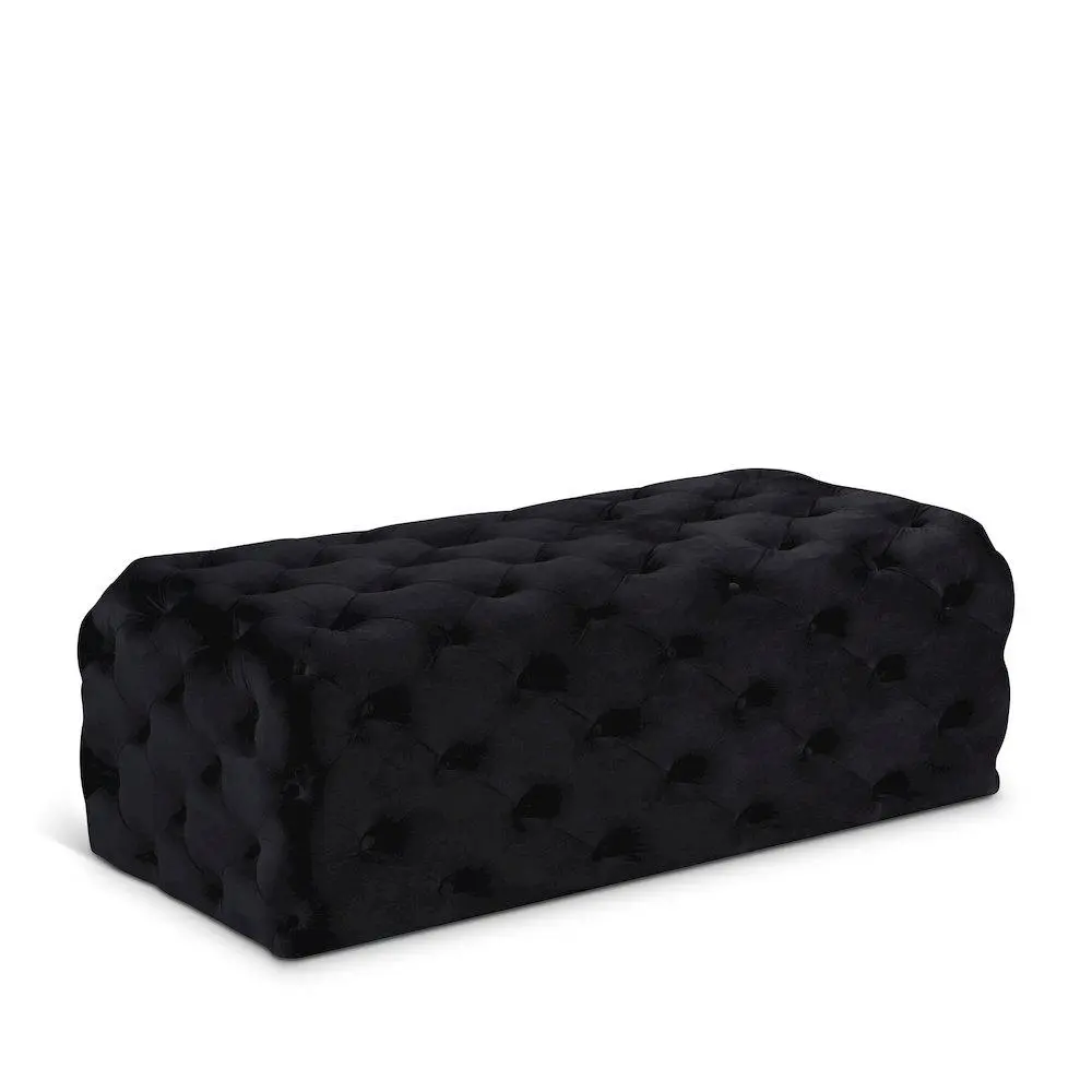 Casey Deep Tufted Black Velvet Ottoman-Bench, Plush Pad Indoor Furniture for Contemporary Home Decor