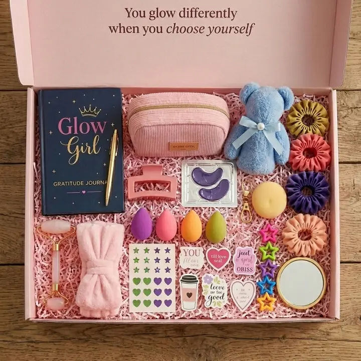 Deluxe Glow Up Box – Spa Headband, Satin Scrunchies, Star Hair Clips, Journal & Self-Care Accessories