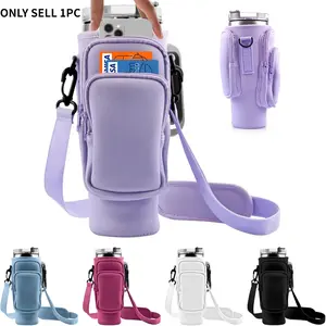 Water Bottle Carrier Bag Portable Travel with Phone Pocket, Fits 40/30 Oz Tumblers, Neoprene Holder Pouch, 3 Pockets, Ideal Father Gift