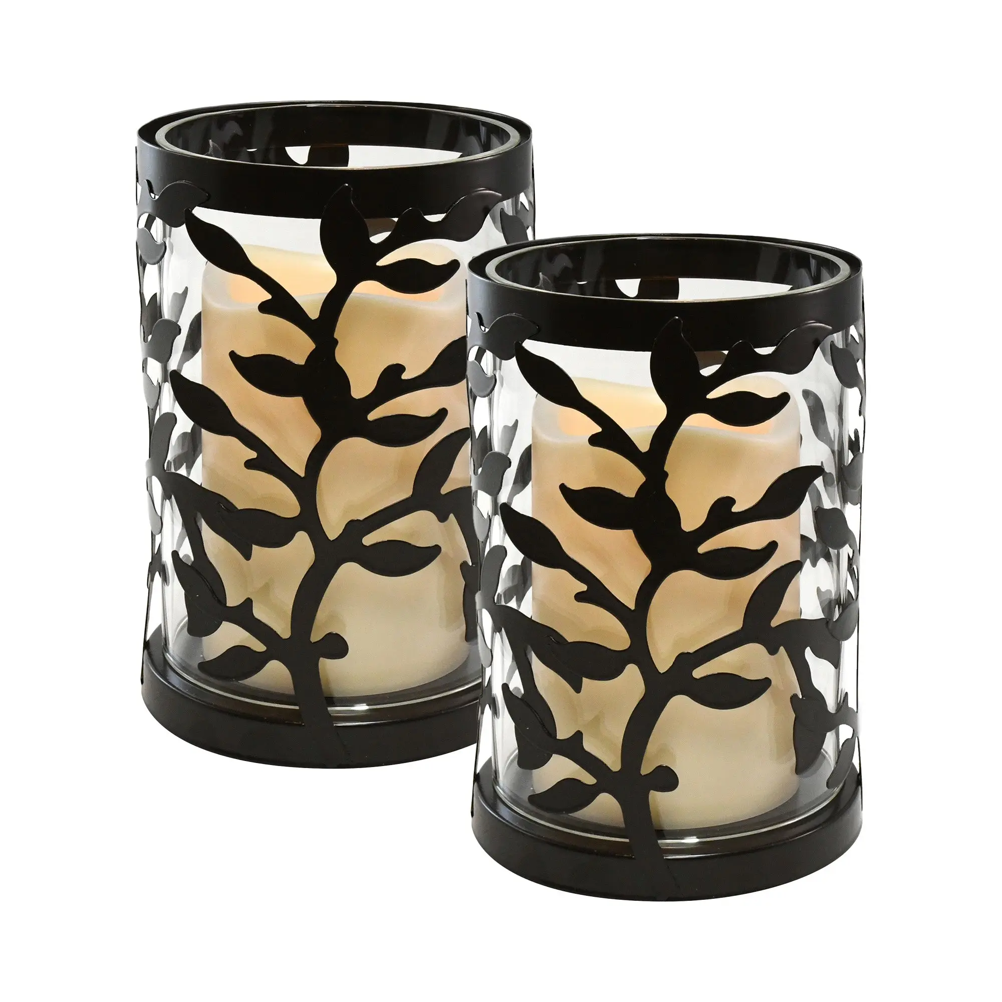 LumaBase Black Vine Metal & Glass Hurricane Lanterns - Set of 2 with LED Candle Lights, Timer On/Off Auto Shut-Off LED Mood Light for Indoor Decor