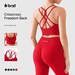 BRXL Sports Bras for Women Longline Crisscross Back Sport Bra Light Impact Strappy Workout Bra Top with Removable Pads