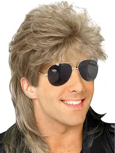 Men's Mullet Wig Blonde Curly 1970s-1980s Style, Perfect for Halloween & Punk Rock Costume Parties, Trendy Disco Hairpiece for Guys