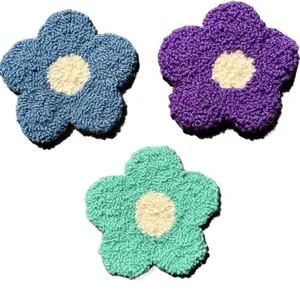 Punch Needle Mug Rug Coasters Handmade Tufted Coasters Cute Aesthetic Home Decor in Blue Purple & Green Flower Designs - Tableware
