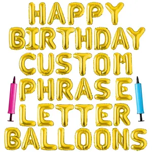 Happy Birthday Balloon Banner Custom Phrase Balloons Letter 16 Inch Personalized Alphabet Letters Foil Mylar Balloons (Gold)