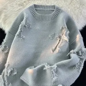 2025 Y2k Streetwear Sweater Men New Retro Hole Fringed Sweater Loose Versatile Knitwear Pullovers Long Sleeve Jumpers Clothing