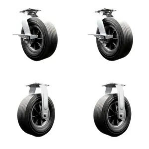 BBQ Smoker Grill Flat Free All Terrain Caster Wheel Set – 10 Inch Easy Roll, No Flat, Maintenance Free Solid Rubber Wheels–2 Swivel with Side Lock Brakes and 2 Rigid Casters– Set of 4 – Service Caster