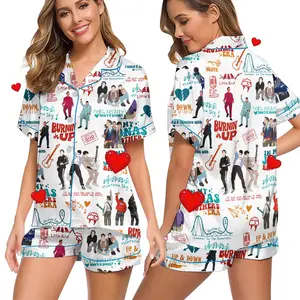 Women’s Pajama Set – Cute Music Band Print Short Sleeve & Shorts Sleepwear, Burnin’ Up Era PJs for Fans