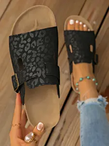 Vintage Leopard Print Cork Sandals for Women, Slip-On Summer Beach Shoes, Thick Sole Anti-Slip Boho Style, Versatile One-Step on Flip Flops, Leopard Print Slides