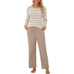 Womens Pajamas 2 Piece Satin Matching Lounge Sets Cute Long Sleeve Striped Pants Pjs with Pocket
