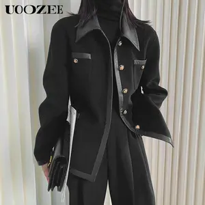 UOOZEE Women's Long-Sleeve Collared Viscose Patchwork Coat - Retro Metal Buttons, Pockets, Loose Fit, Women's Clothes, Jacket Outerwear for Officelady Casual Autumn Winter Wear,summervibes