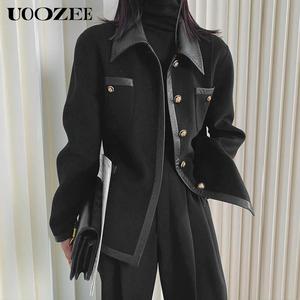 UOOZEE Women's Long-Sleeve Collared Viscose-Polyester Patchwork Coat - Retro Metal Buttons, Pockets, Loose-Fit Casual Clothes, 1-Piece Jacket Outerwear for Officelady Autumn Winter Wear