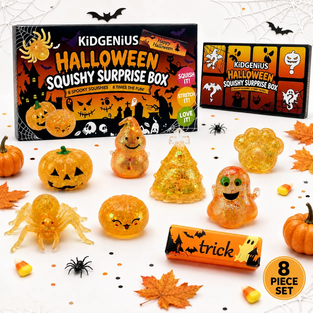 KidGenius Glitter Halloween Squishy Fidget Toy Surprise Box Set - Stretchable, Soft Squeeze Sensory Toys (Pumpkin, Spider, Ghost) - Stress Relief Party Favors for Kids
