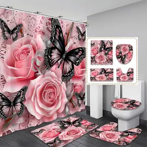 Creative Romantic Floral Insect Style Rose Shower Curtain Set, Includes 12 Plastic Hooks, Non-Slip Mat, Toilet Lid Pad, Home Bathroom Decor, Bathroom Decoration Accessories