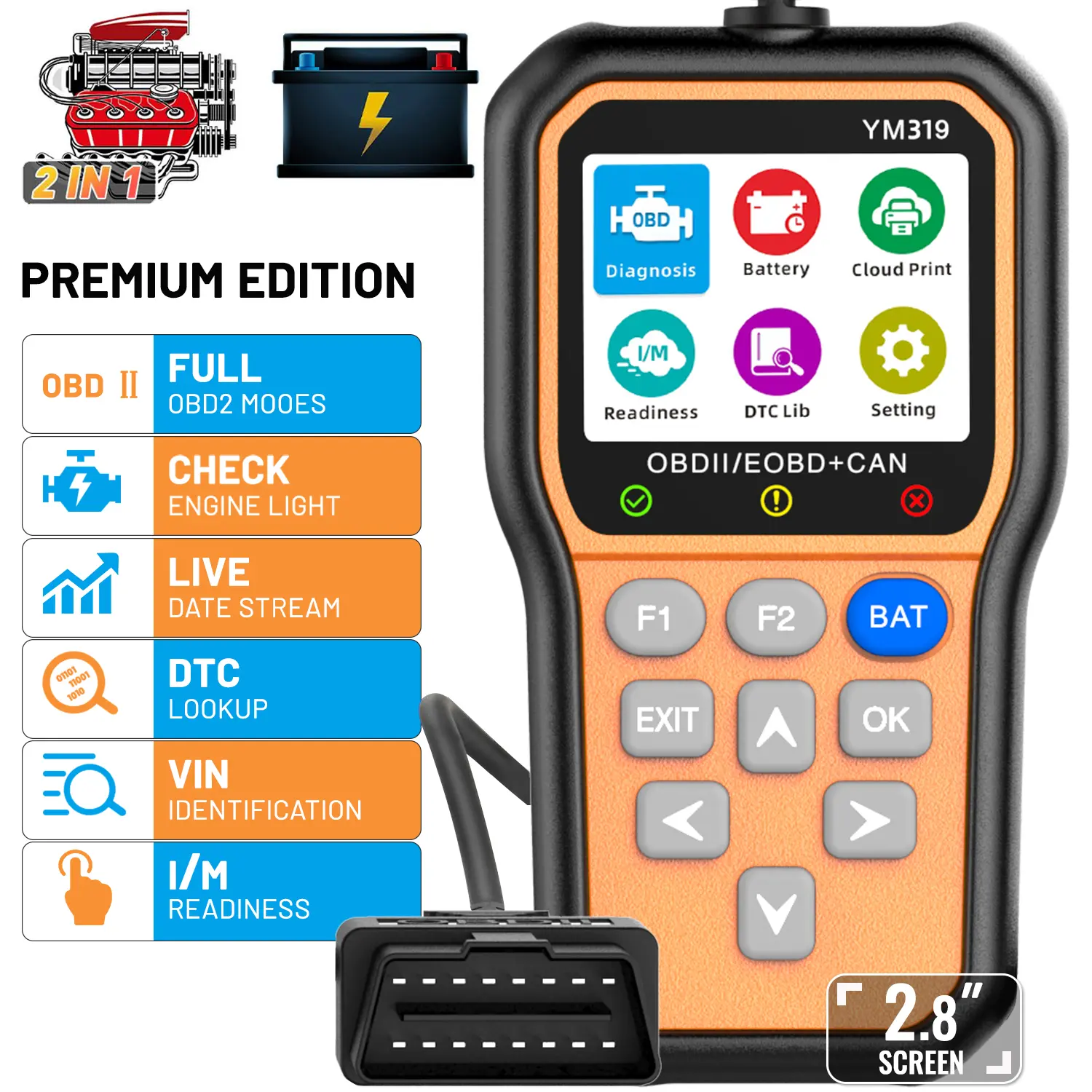 2-in-1 Automotive Scan Tool - OBD2 Code Reader & Battery Tester, Reads/Clears Car Check Engine Light Codes, Tests Battery Charging Components, Supports English, Portuguese, French, Dutch, Russian, Spanish, Korean, Italian Languages