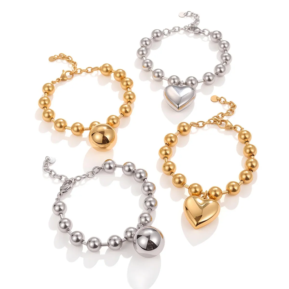 Chunky Ball Bead Bracelet with Heart/ Sphere Charm – Gold/Silver Brass, Minimalist High-End Statement Jewelry for Women