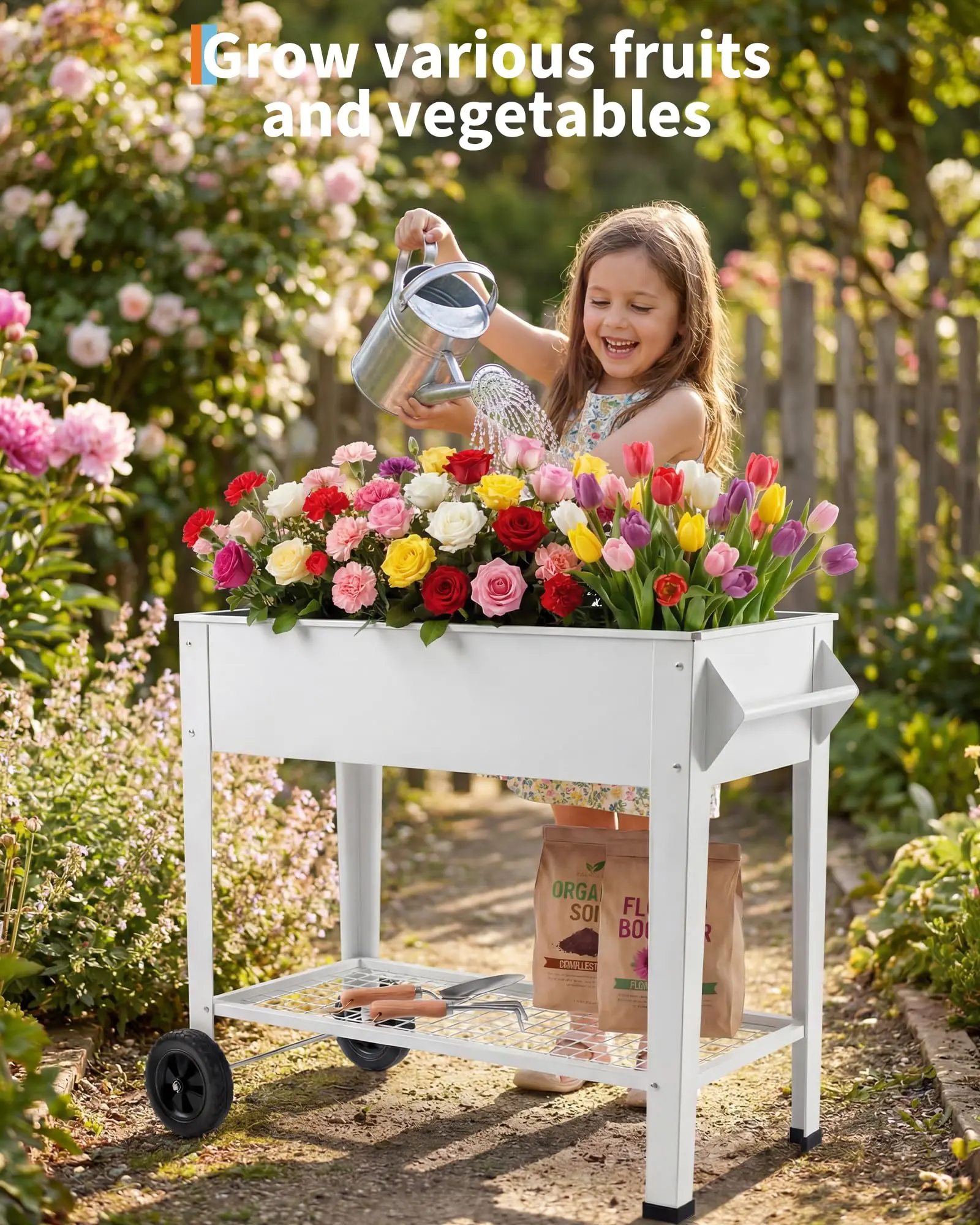 Garvee Elevated Rolling Raised Garden Bed Planter Box - Heavy-Duty Galvanized Steel, 400 lb Capacity - Storage Shelf & Drainage Holes - 40 x 32 x 15.3 in, 30 in Tall