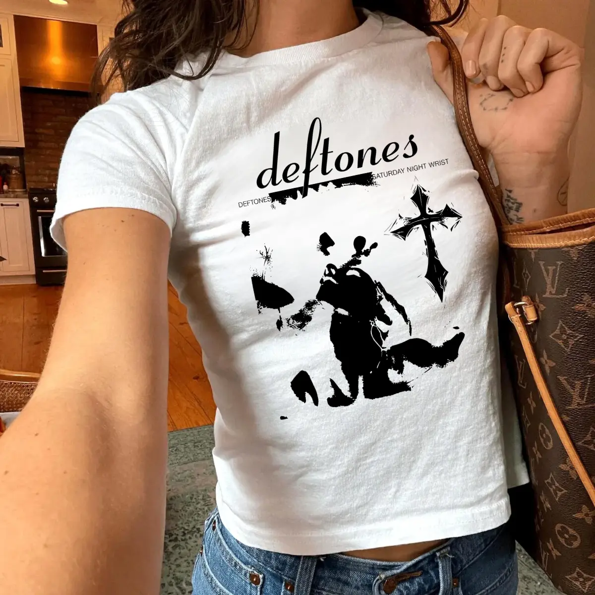 Deftones Inspired Baby Tee, Indie Rock Aesthetic Graphic Shirt, White Fitted Y2K Band Style T-Shirt for Women Slim Fit Top