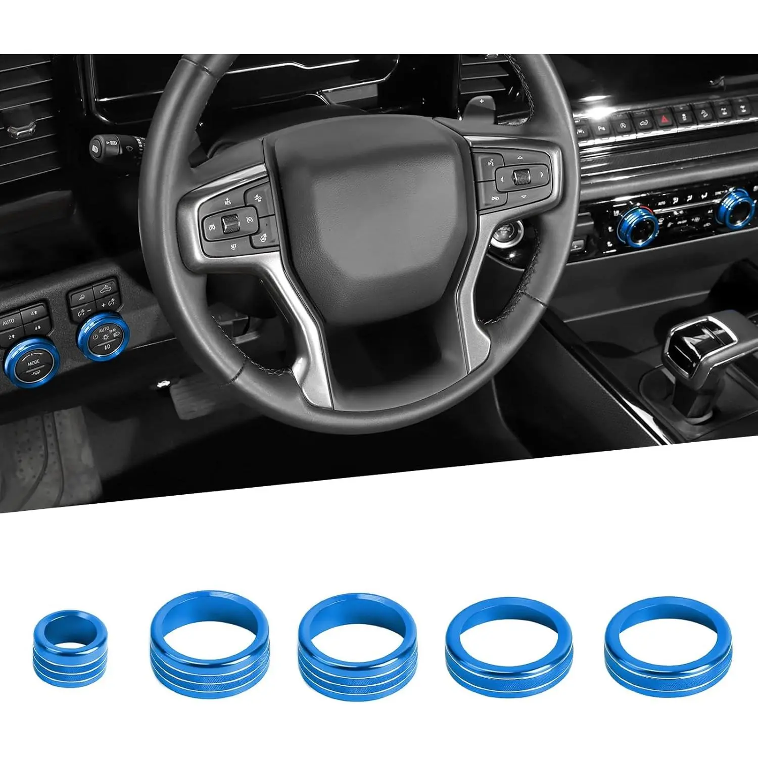Blue Aluminum Alloy ABS Plastic Radio AC Knob Cover Trim - AC Buttons, Center Console Switch Trim, Double-Tape Scratch Guard for 2022-2025+ Chevy Silverado 1500, GMC Sierra Interior Accessories