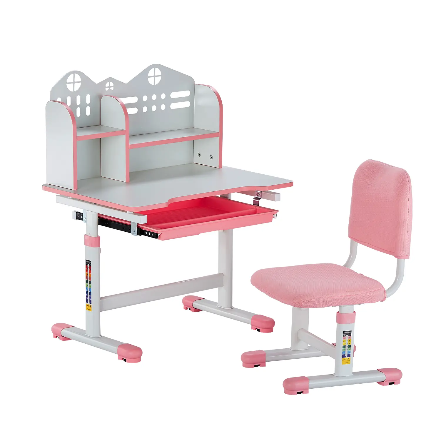 VEVOR Kids Ergonomic Study Desk and Chair Set with Bookshelf, Drawer, Adjustable Height, Stable Design - Pink Indoor Furniture