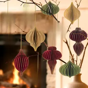 12Pcs Christmas Paper Honeycomb Ornaments for Tree, 3D Glitter Edge Paper Honeycomb Lanterns Foldable Neutral Hanging Decorations for Xmas Tree New Year Holiday Party Home Decor, Red Green Beige