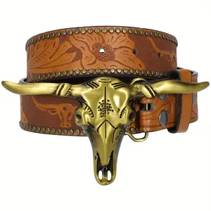 XZQTIVE Western Cowboy Cowgirl Belt for Men and Women Engraved Floral Longhorn Bull Cow Skull Western Leather Buckle Belt for Men Women Floral Engraved Cowboy Belt for Jeans Longhorn Bull Buckle Waist Belt,L Western Brown Leather Print Belt with Buckle