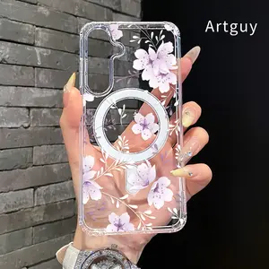 Magnetic Soft Case for  Samsung Galaxy S26 Edge S23 Ultra S24 Plus FE S25 S22+ Non-Yellowing Drop Protection Transparent Acrylic Large Hole Lavender blossom dream Pattern Shockproof Silicone Cover Supports Wireless Charging