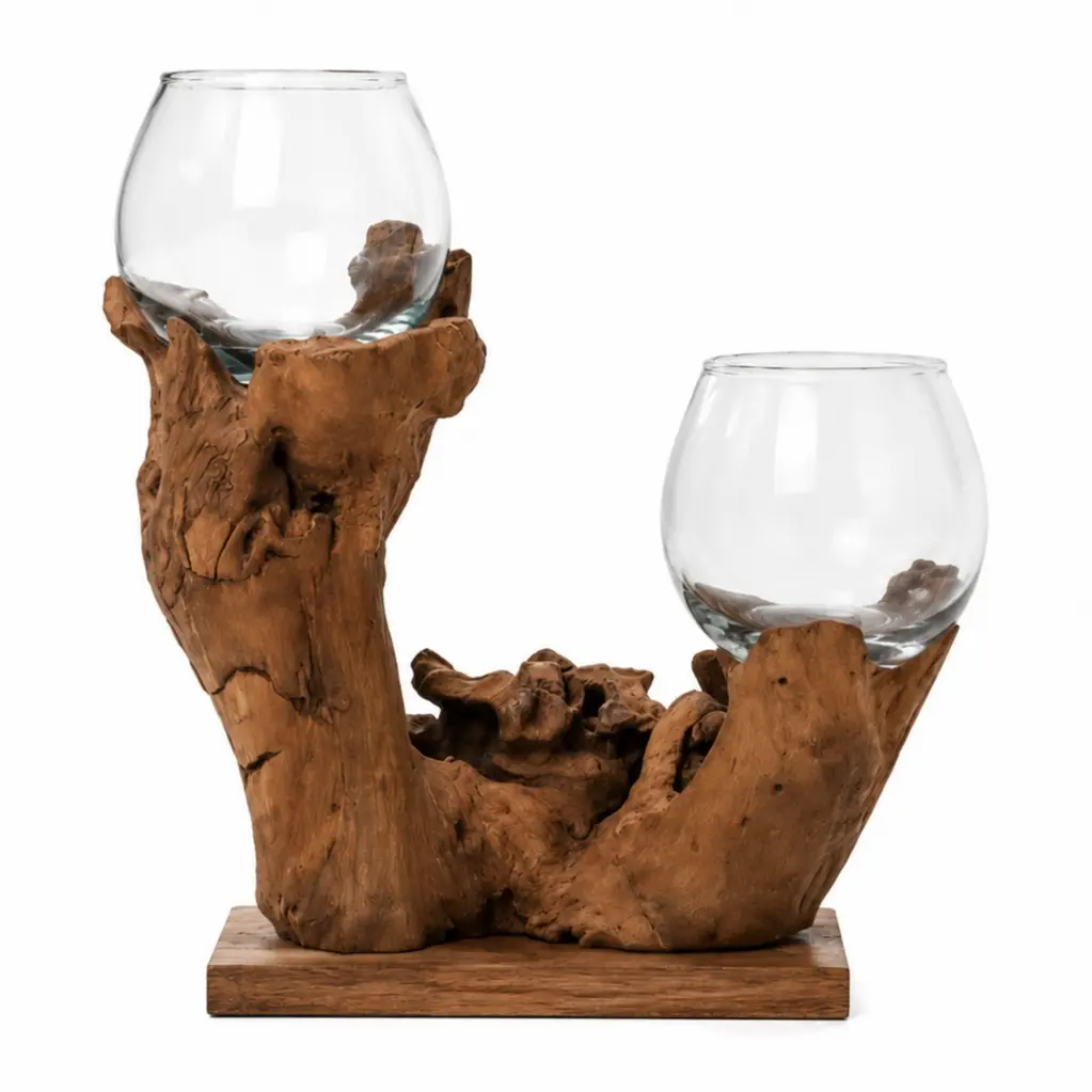 Driftwood Glass Planter with 2 Hand-Blown Glass Bowls | Air Plant, Succulent & Golden Pothos Propagation Vase | Natural Wood Home Decor