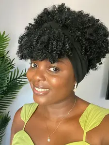 Headband Wig Afro Kinky Headband Wig with Bangs for Women Black Head Wrap 2 in 1 for Women Curly Full Scarf Wigs Synthetic Short Afro Kinky Afro High Puff Wig