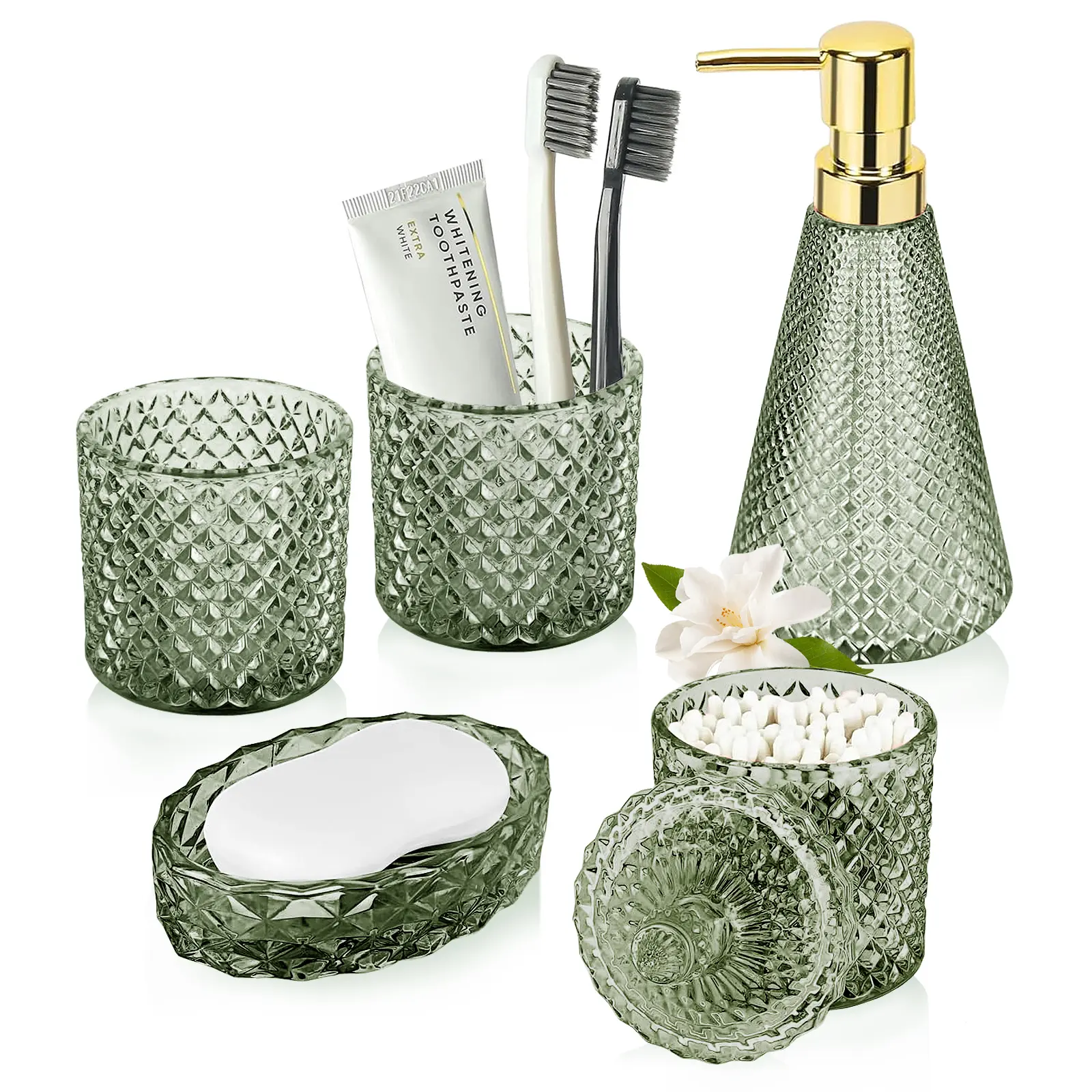 Blush Pink 5-Piece Durable Diamond Modern Bathroom Decor Set - Glass Soap Dispenser, Shampoo Lotion Bottle, Easy-Clean Organizer, Beautiful Look Glass Set, Ideal Gift for Friends, Tidy Guest Room Bath Supplies