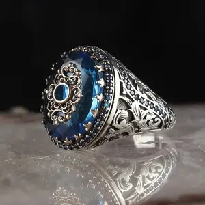 Vintage   Women Ring Handmade Carved Turkish Signet Ring for Women Men Creativity Inlaid Blue Zircon Party Punk Jewelry