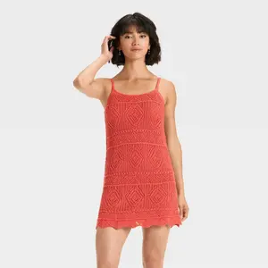 A New Day Women's Mini Crochet Shift Dress - Coral, Sleeveless, Adjustable Straps, Scoop Neckline, U-Back, Casual Chic, 100% Recycled Polyester Lining