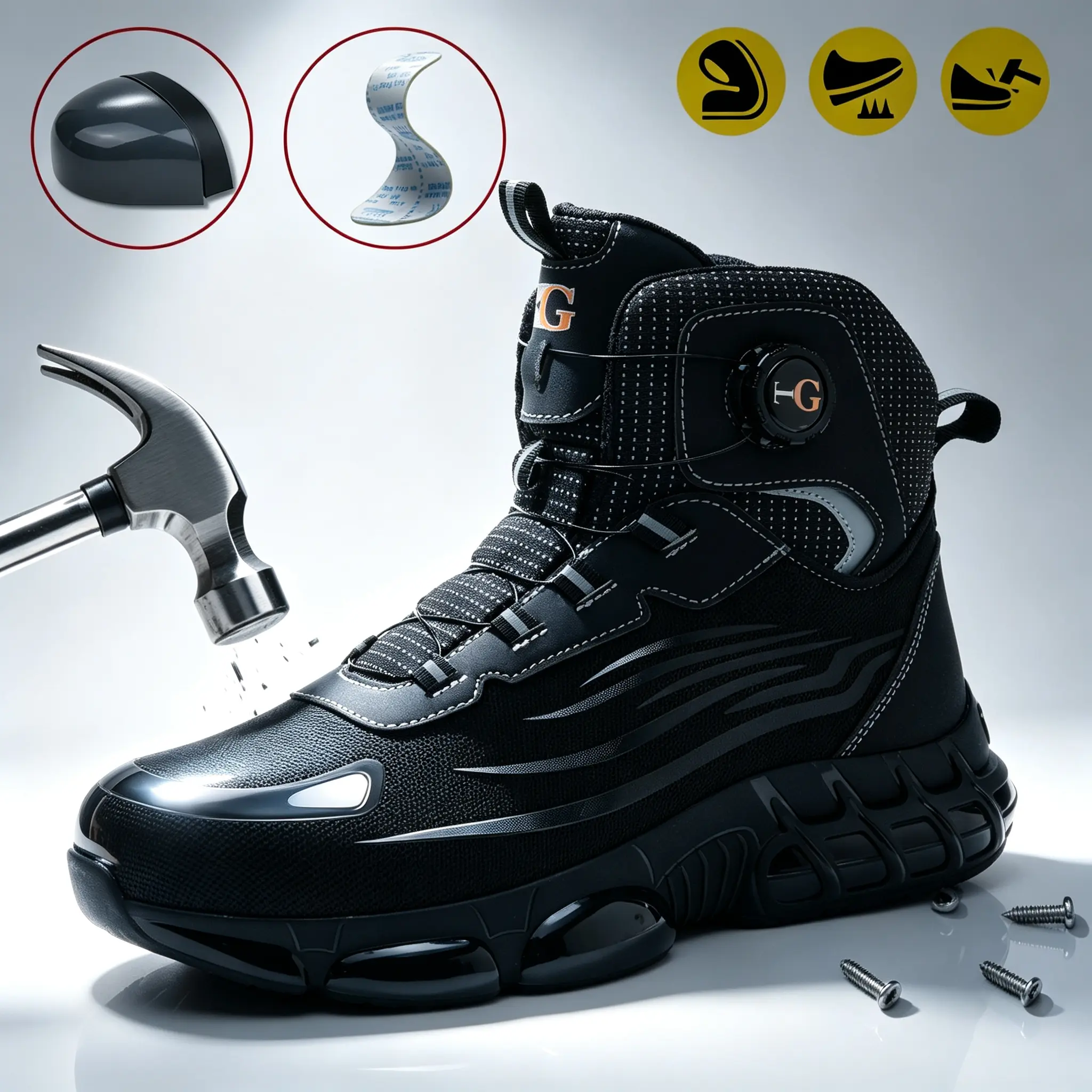 Men's Mid-Cut Polyester Steel Toe Safety Shoes - Lightweight, Non-Slip, Puncture-Resistant, Breathable Mesh Sneakers for Warehouse, Construction Work - All-Season Impact-Proof Industrial Footwear