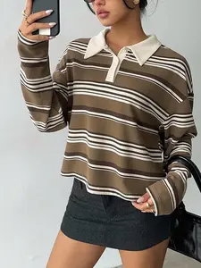 Striped Lapel Long Sleeve Top, American Casual Style, Loose Fit + Lapel Design, Perfect for Daily Commute Wear