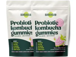 BoochBod Probiotic Kombucha Gummies - Berry Flavored Supplement for Digestive Health & Gut Balance - Daily Dietary Vitamin with Prebiotics, Probiotics, Postbiotics, Slippery Elm, Dandelion Root, MCT Oil, for Bloating, Gut Health