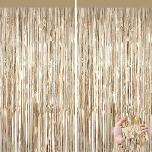 2Pack Champagne Gold Foil Fringe Backdrop Curtains, Tinsel Door Streamers, Fringe Backdrop for Birthday Decorations Graduation New Years Eve, Wedding, Baby Shower, Gender Reveal, Disco Party Decors