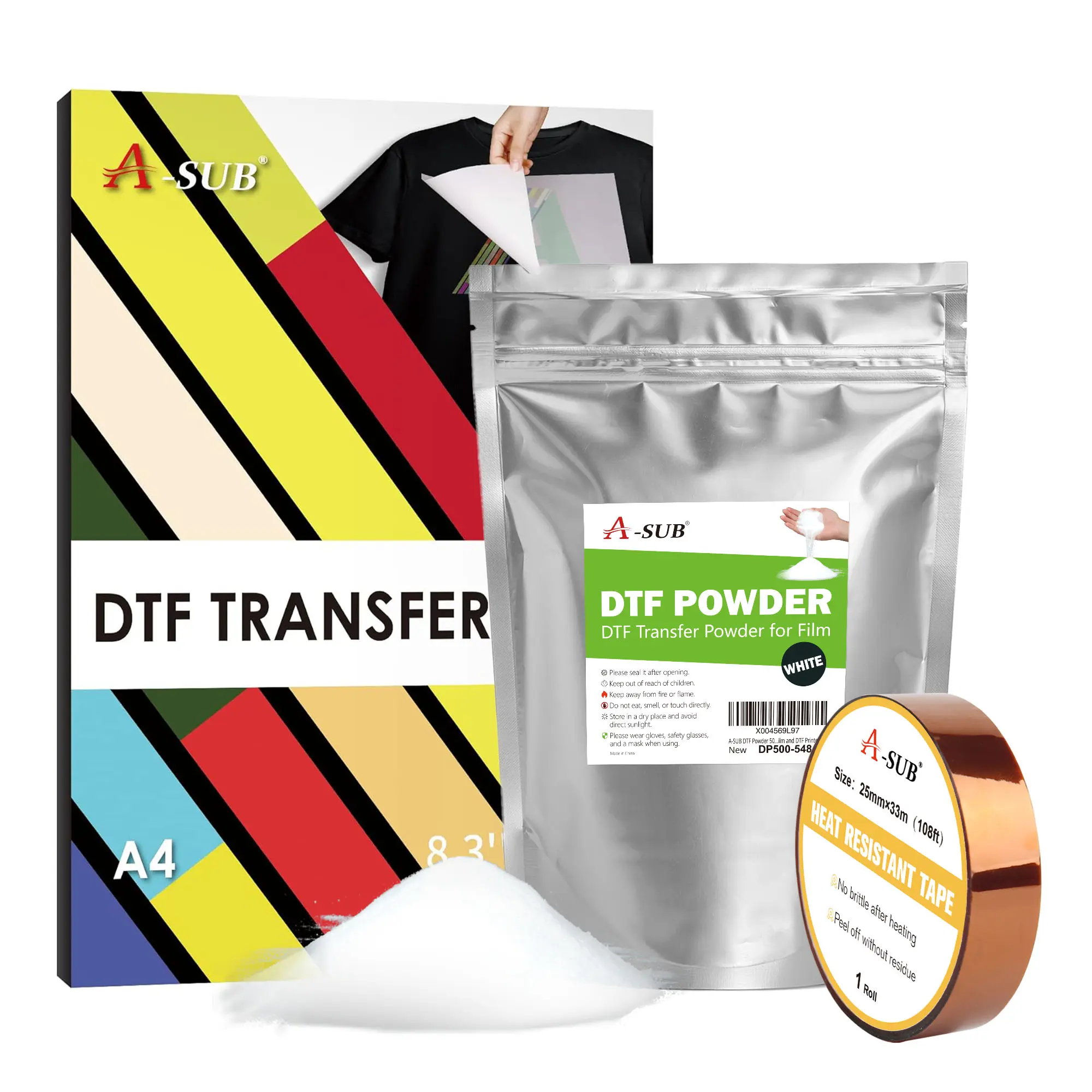 A-SUB DTF Kit for Beginners All in one9(DTF HACK is suitable for ordinary inkjet printers,Waterproof, resistant to water washing)(Including A4 DTF film×30 pcs / DTF Power 500g / Heart-resistant Tape×1)