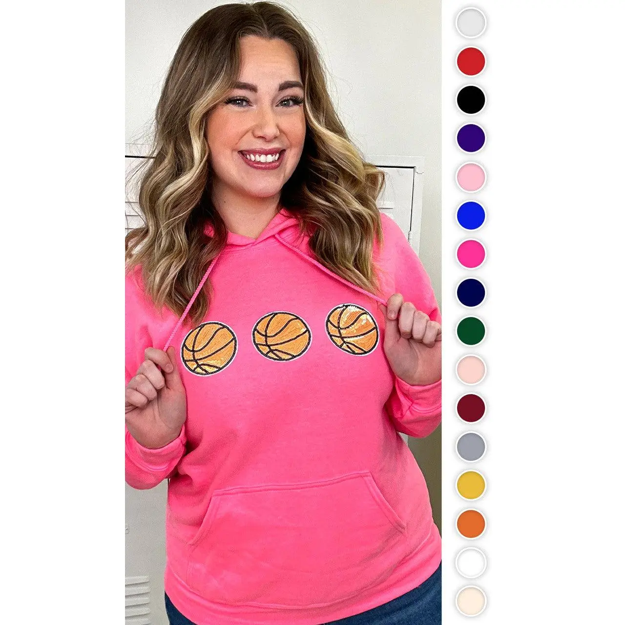 Tees2urdoor Women's Sparkle Sequin Basketball Cotton-Blend Hoodie, Casual Sporty Long Sleeve Pullover Sweatshirt